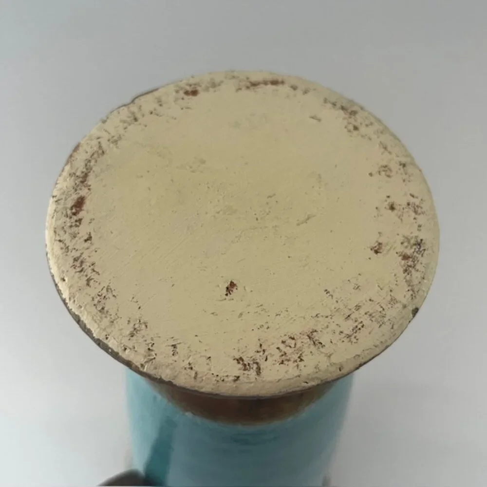 Glazed Ceramic Planter Vase Distressed Rustic Tuscan Scroll Metal Handles Aqua